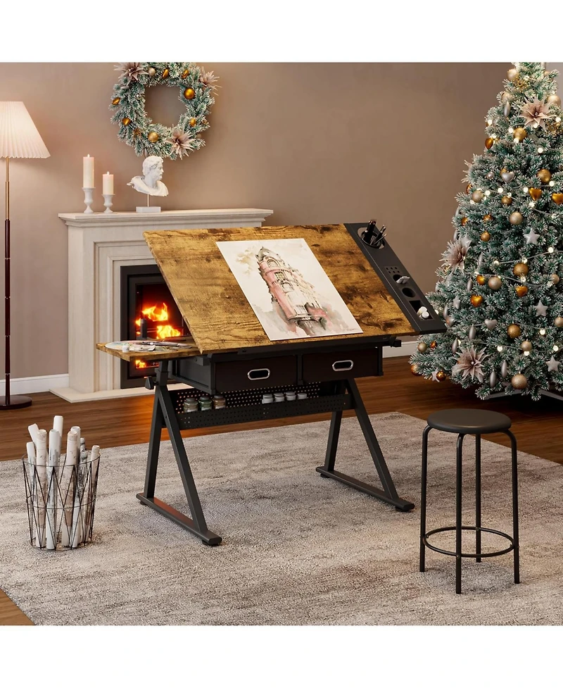 gaomon Height Adjustable Wood Drafting Table with Tilted Tabletop and 2 Drawers