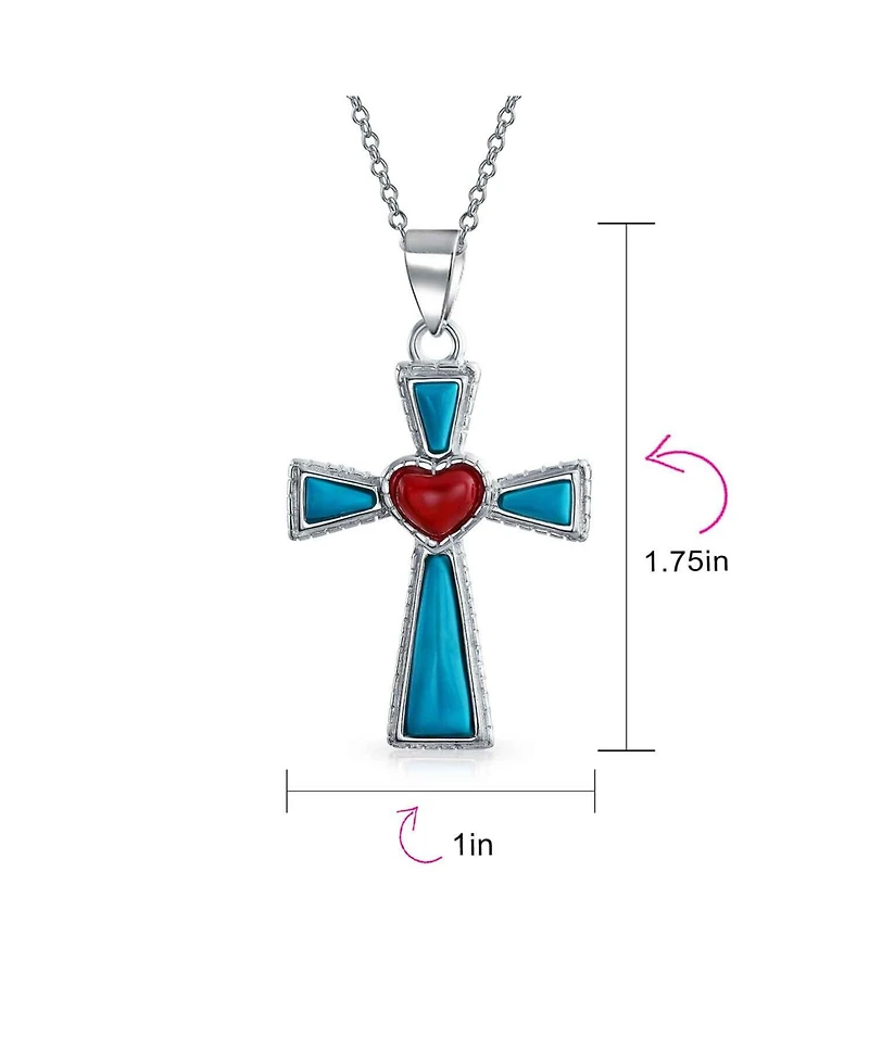 Bling Jewelry Turquoise Lapis and Red Heart Religious Cross Necklace Pendant
