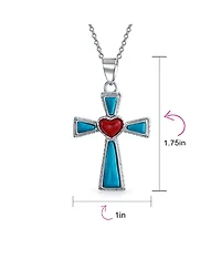 Bling Jewelry Turquoise Lapis and Red Heart Religious Cross Necklace Pendant