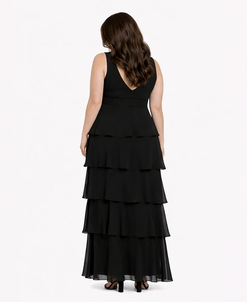 R & M Richards Plus Sleeveless V-Neck Tired Skirt Front Slit Dress