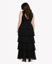 R & M Richards Plus Sleeveless V-Neck Tired Skirt Front Slit Dress