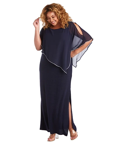 R & M Richards Plus Metallic Stripe Rhinestone Trim Poncho Dress