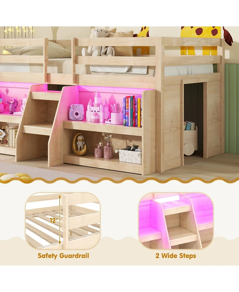 Slickblue Loft Bed Frame with Led Lights, Staircase Ladder and Safety Guardrails, Space Saver