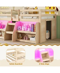 Slickblue Loft Bed Frame with Led Lights, Staircase Ladder and Safety Guardrails, Space Saver