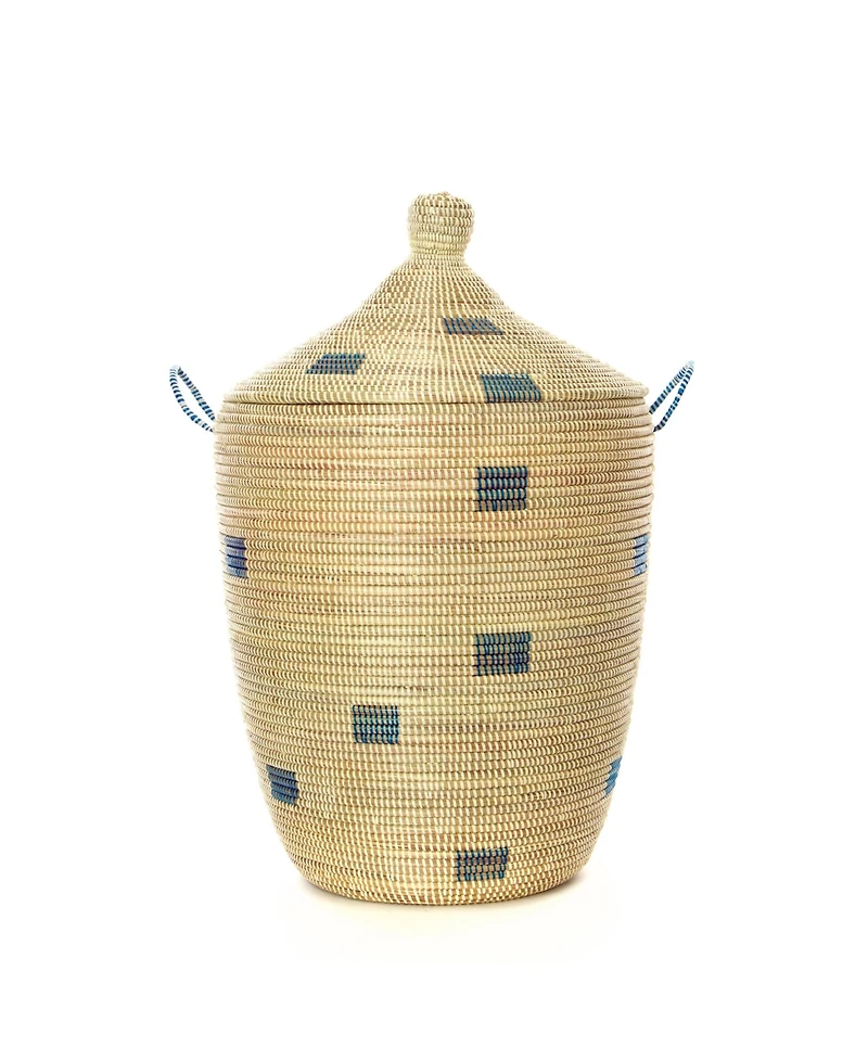 African Modern, Set of Three Blue and Cream Mixed Pattern Hampers