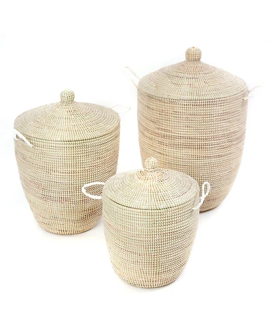 African Modern, Set of Three Solid White Hampers