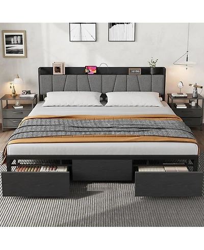 gaomon Industrial Bed Frame with Storage Headboard, Charging Station and 2 Drawers