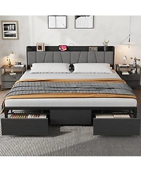 gaomon Industrial Bed Frame with Storage Headboard, Charging Station and 2 Drawers