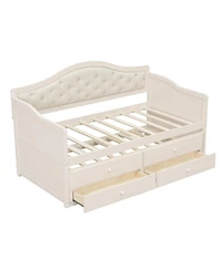 Clihome Twin Daybed with 2 Storage Drawers, Wooden Sofa Bed Upholstered Button Tufted Backrest for Living Room