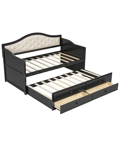 Clihome Twin Daybed with 2 Storage Drawers, Wooden Sofa Bed Upholstered Button Tufted Backrest for Living Room