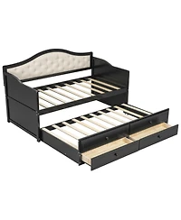 Clihome Twin Daybed with 2 Storage Drawers, Wooden Sofa Bed Upholstered Button Tufted Backrest for Living Room