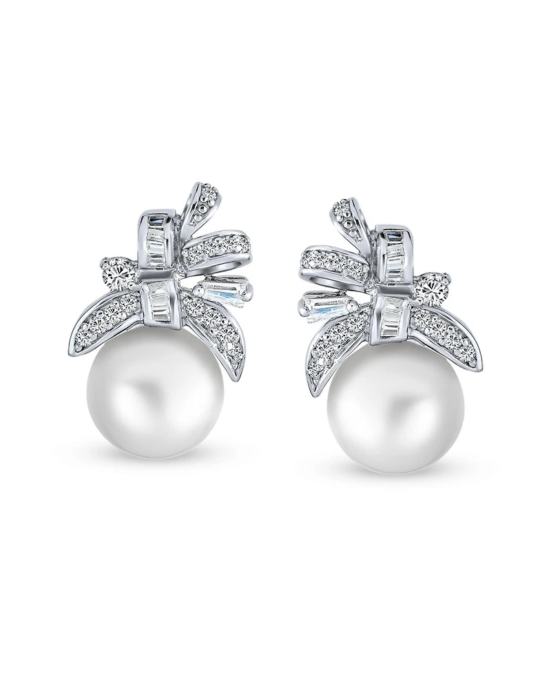 Bling Jewelry Victorian Style Cz Ribbon White Pearl Bow Stud Earrings .925 Sterling Silver