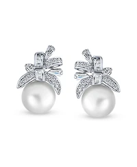 Bling Jewelry Victorian Style Cz Ribbon White Pearl Bow Stud Earrings .925 Sterling Silver