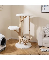 Cozito Cat Tree 48 inch Solid Wood with Hanging Cradle and Jute Post
