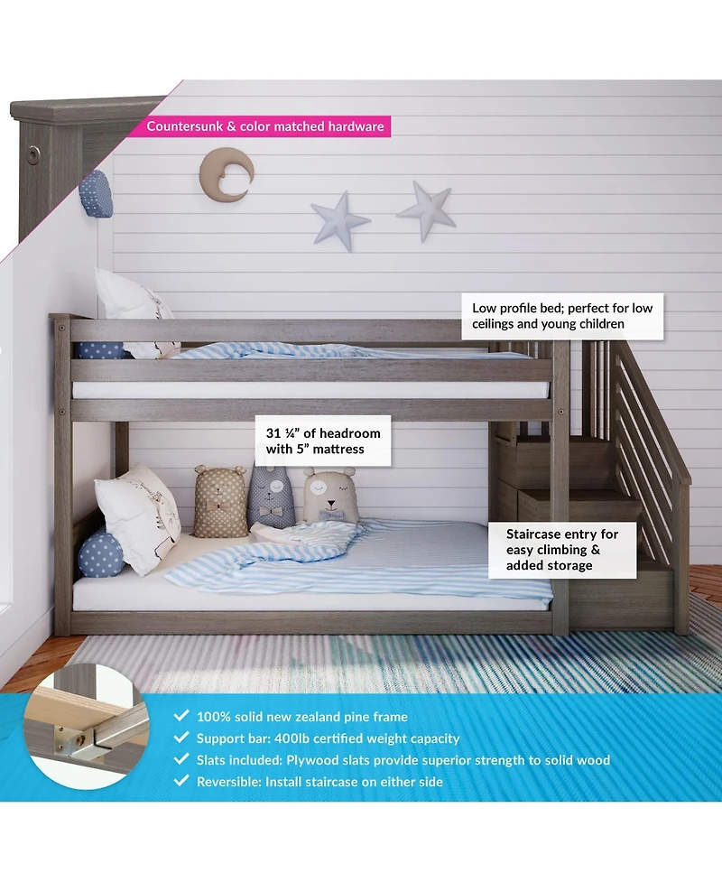 Max & Lily Solid Wood Low Bunk Bed for Kids with Staircase