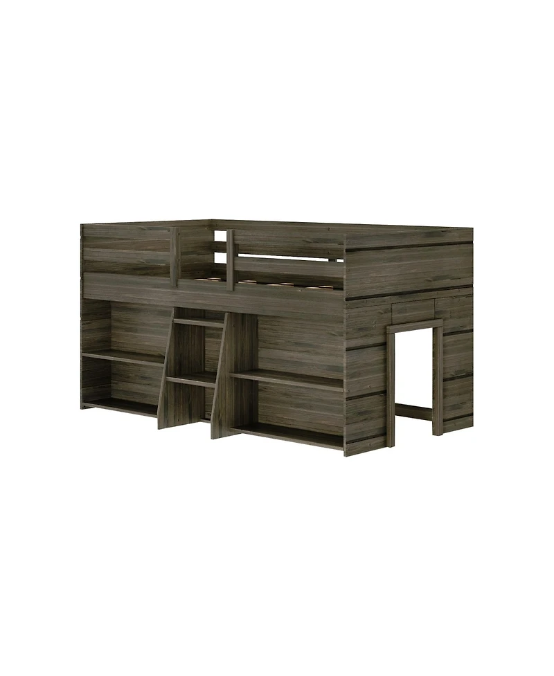 Max & Lily Solid Wood Modern Farmhouse Low Loft Bed, Bed Frame for Kids with 2 Bookcases