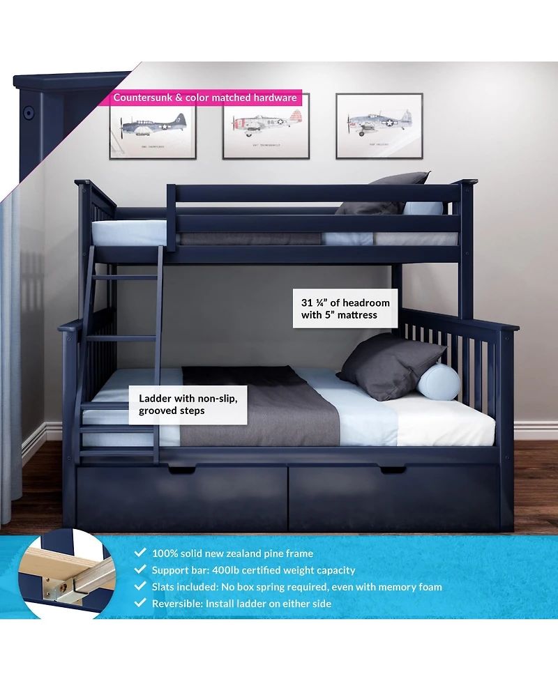 Max & Lily Solid Wood Bunk Bed with Storage Drawers and Ladder for Kids