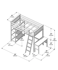 Max & Lily Loft Bed, Solid Wood High Bed with Bookcase and Desk for Kids