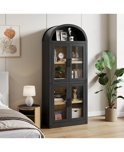gaomon Arched Bookshelf with Doors and Drawers, 71.4" Farmhouse Bookcase, 15.83" Deep Wooden Display Cabinet