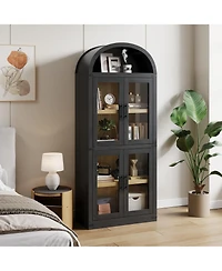 gaomon Arched Bookshelf with Doors and Drawers, 71.4" Farmhouse Bookcase, 15.83" Deep Wooden Display Cabinet