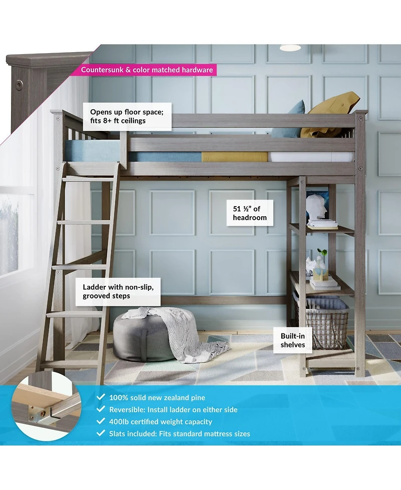 Max & Lily Solid Wood High Loft Bed,Twin Bed Frame For Kids With Bookcase and Ladder