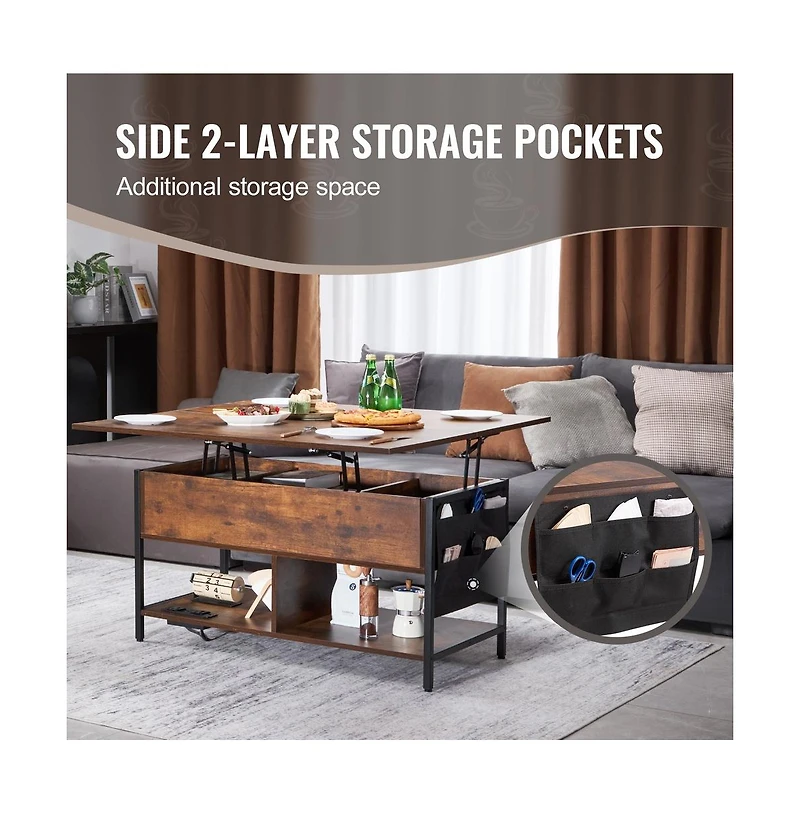 Sugift Lift Top Coffee Table with Usb Charging, Led Ambient Light, and Hidden Storage