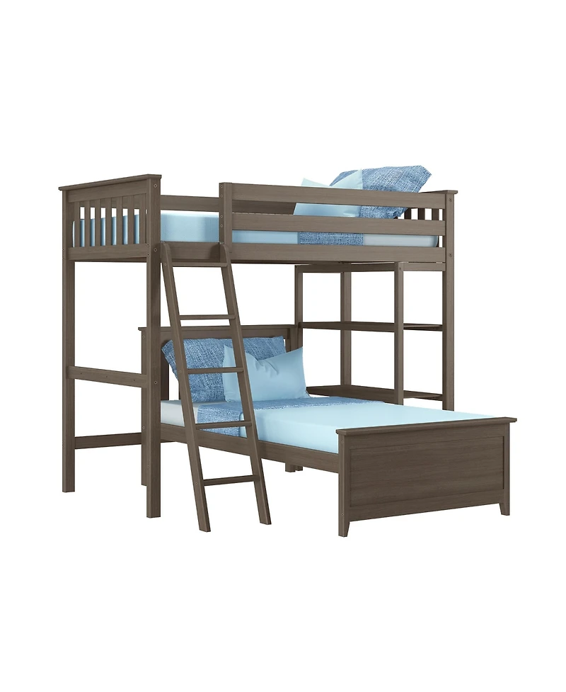 Max & Lily Solid Wood L-Shaped Twin over Bunk Bed with Bookcase for Kids