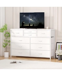 gaomon Wide 10 Drawer Fabric Dresser Tv Stand, Steel Frame Storage Chest with Wood Top