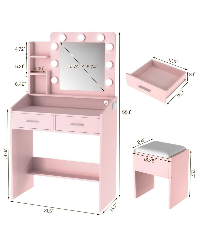 Homfan Modern Vanity Desk with Mirror, Led Lights, Power Outlet, Usb Ports, 2 Drawers, 3 Lighting Modes, Stool, Hairdryer Holder, Bedroom Makeup Table