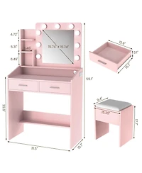 Homfan Modern Vanity Desk with Mirror, Led Lights, Power Outlet, Usb Ports, 2 Drawers, 3 Lighting Modes, Stool, Hairdryer Holder, Bedroom Makeup Table