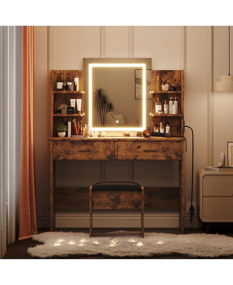 Homfan Makeup Vanity Desk with Mirror and Led Lights, 6 Storage Shelves, 2 Drawers, Cushioned Stool, Built-in Power Outlet, Dressing Room Table Set