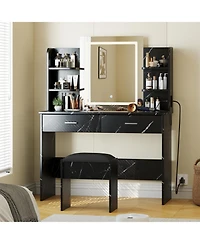 Homfan Makeup Vanity Desk with Mirror and Led Lights, 6 Storage Shelves, 2 Drawers, Cushioned Stool, Built-in Power Outlet, Dressing Room Table Set