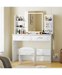 Homfan Makeup Vanity Desk with Mirror and Led Lights, 6 Storage Shelves, 2 Drawers, Cushioned Stool, Built-in Power Outlet, Dressing Room Table Set