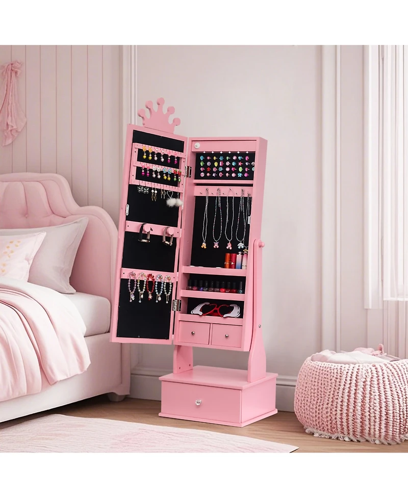 homfan Freestanding Jewelry Armoire Cabinet - Full-Length Mirror with Led Light Vanity Storage Organizer 3 Drawers Girls' Dress Up Gift