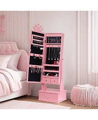 homfan Freestanding Jewelry Armoire Cabinet - Full-Length Mirror with Led Light Vanity Storage Organizer 3 Drawers Girls' Dress Up Gift