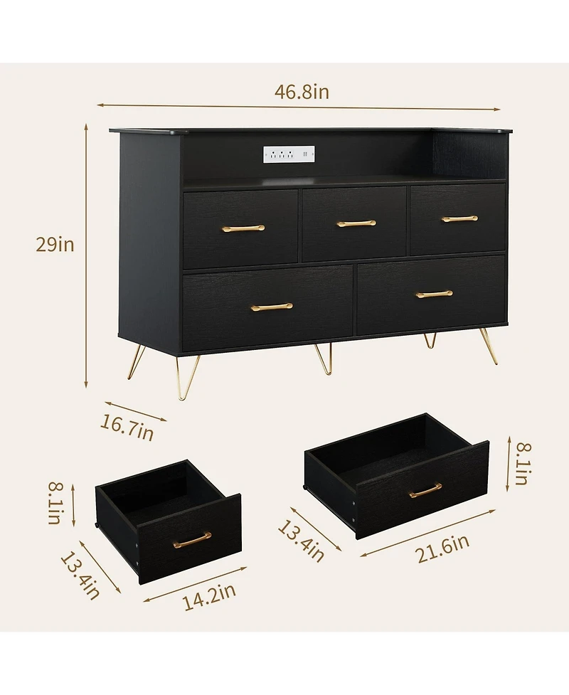 gaomon 47" 5 Drawer Dresser with Led Lights and Charging Station, Wood Storage Cabinet for Bedroom