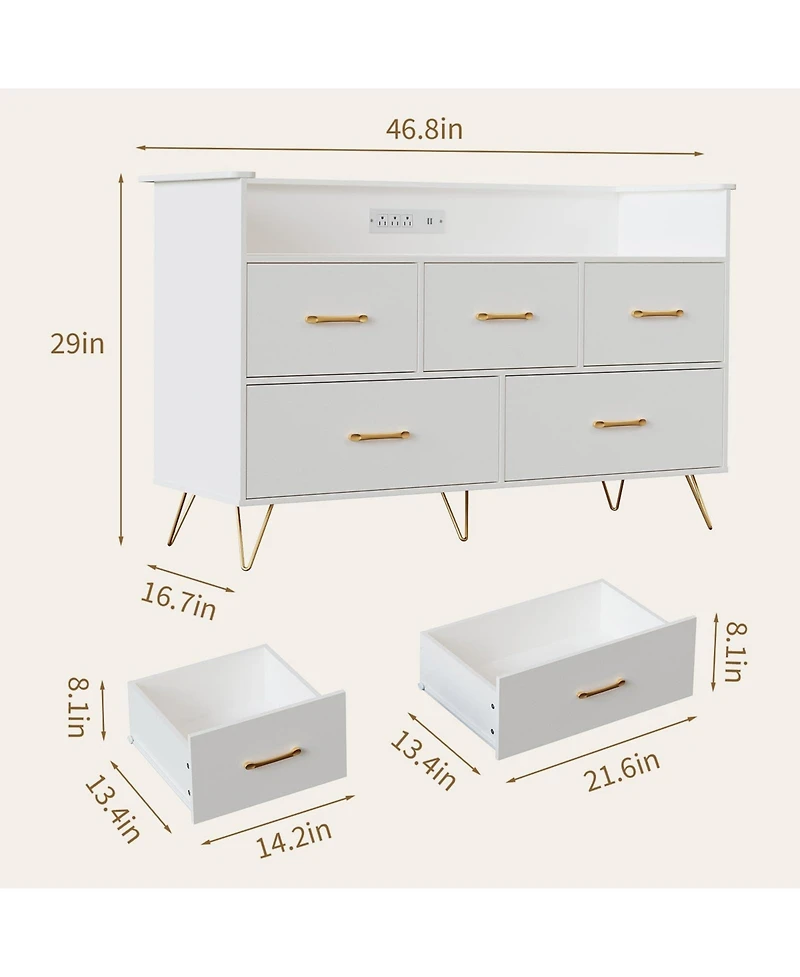 gaomon 47" 5 Drawer Dresser with Led Lights and Charging Station, Wood Storage Cabinet for Bedroom