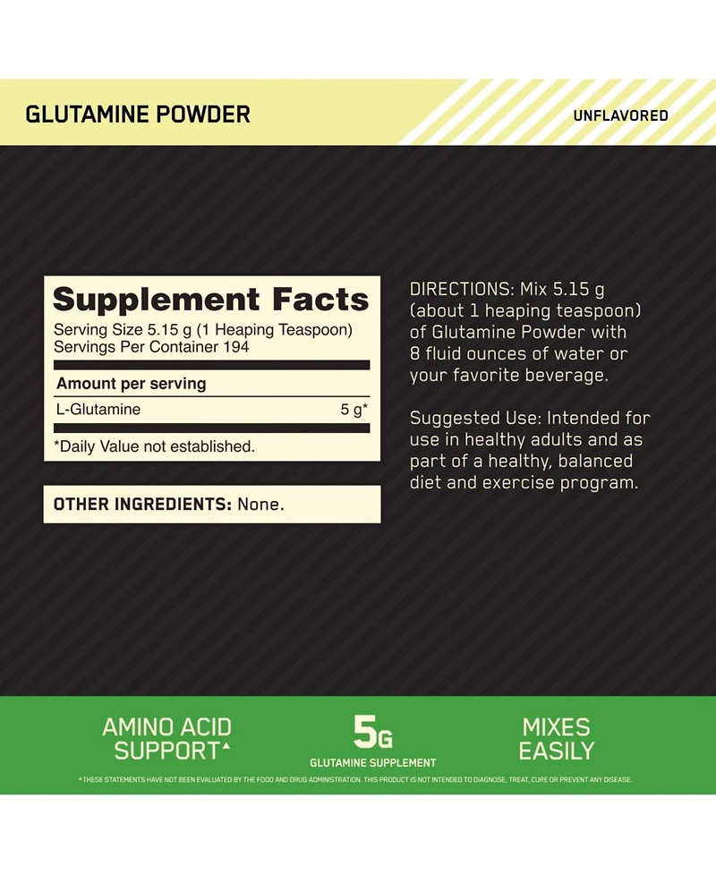 Optimum Nutrition L-Glutamine Muscle Recovery Powder, 1000 Gram, 194 Servings (Pack of 1)
