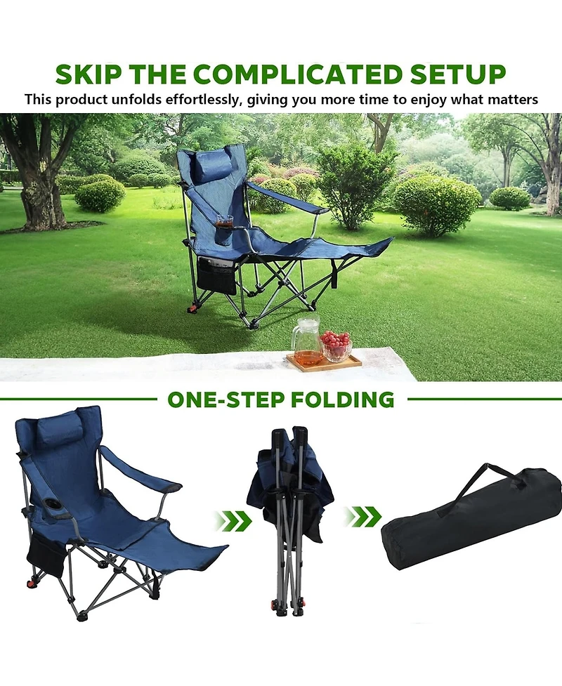 Rainsken Outdoor Camping Chair, Portable Folding Reclining Chair with 3-Level Adjustment, Side Pockets, Cup Holder and Carry Bag for Lawn, Picnic