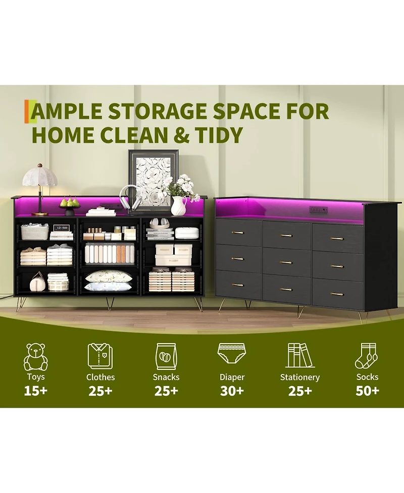gaomon 9 Drawer Wood Dresser with Led Lights and Charging Station, App Controlled Storage Cabinet