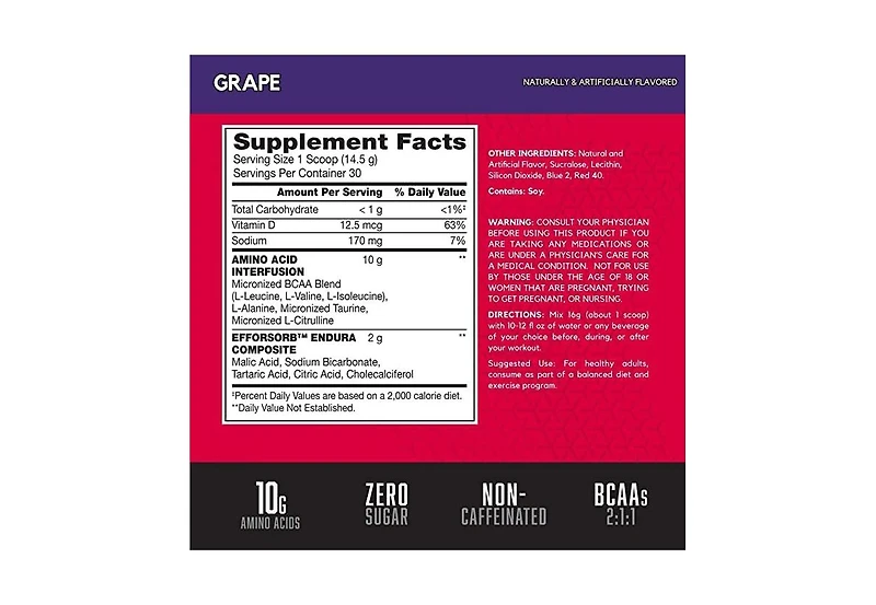 Bsn Amino X Muscle Recovery and Endurance Powder with BCAAs, 10 Grams of Amino Acids, Keto Friendly, Caffeine Free, Flavor: Grape, 30 servings