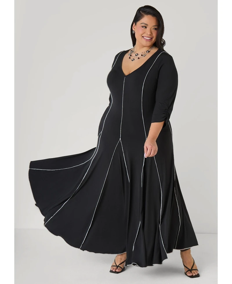 Ashley Stewart Women's Plus Ruched Sleeve Seamed Maxi Dress
