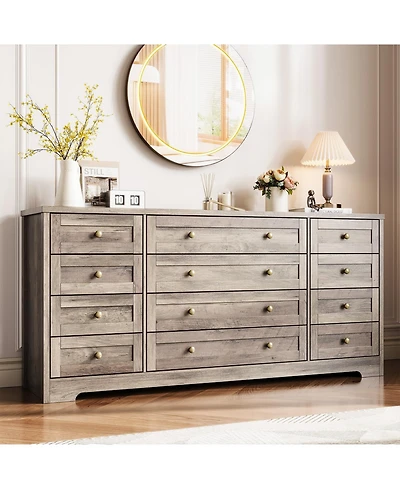 gaomon 12 Drawer Wood Dresser with Wide Top for 65" Tv, Modern Farmhouse Storage Cabinet for Bedroom