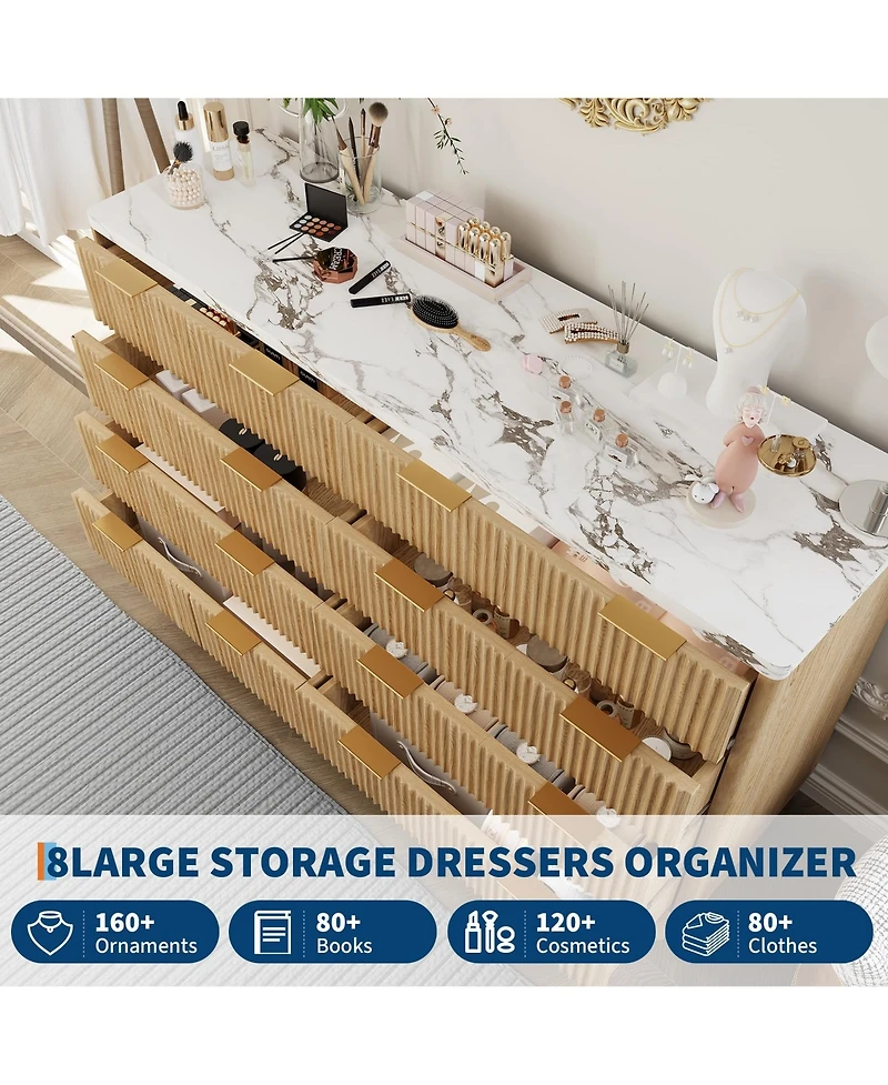 gaomon 54" Fluted 8 Drawer Dresser with Curved Design and Metal Handles, Wood Storage Chest