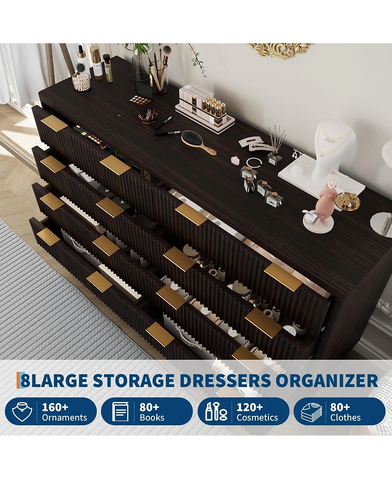 gaomon 54" Fluted 8 Drawer Dresser with Curved Design and Metal Handles, Wood Storage Chest