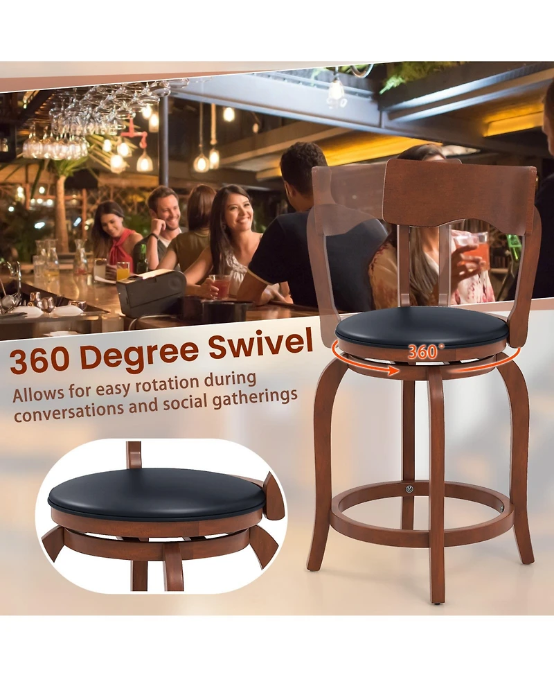 Slickblue Swivel Bar Stools Set of 2 Rubber Wood Frame Upholstered Seat Chairs