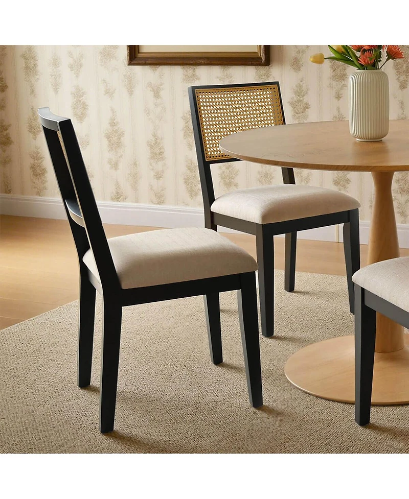 Maison Boucle Cane Back Upholstered Dining Chairs Set of 2, Farmhouse Wood
