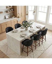 Maison Boucle Walnut Wood Swivel Counter Height Stools Set of 6, Chenille, Armless