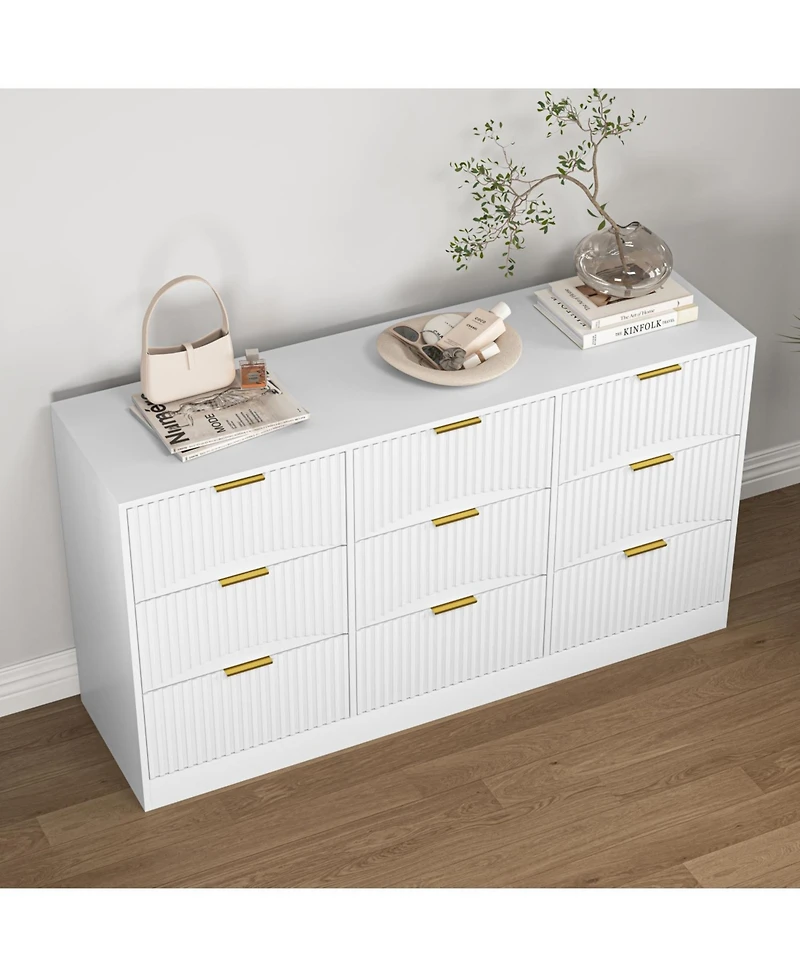Rainsken 63" Wide Modern Fluted Dresser,with 9 Drawers, with Smooth Slides and Gold Handles, for Bedroom Living Room