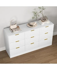 Rainsken 63" Wide Modern Fluted Dresser,with 9 Drawers, with Smooth Slides and Gold Handles, for Bedroom Living Room
